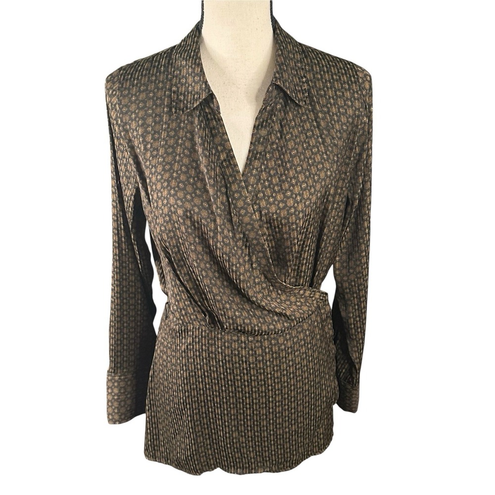 Free People Arlo Wrap Collared Top Blouse Brown Medallion Print Women's Sz Small